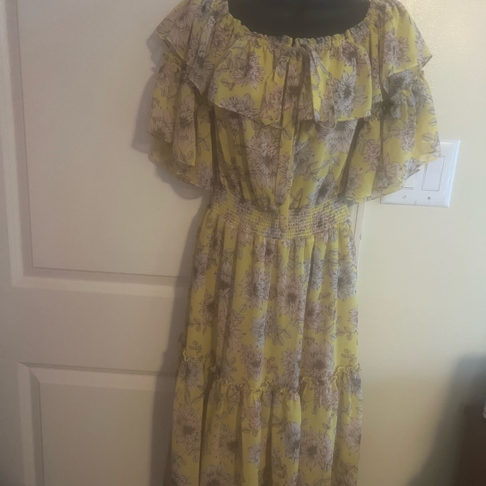 Chelsea28 Yellow and Purple Ruffled Off-Shoulder Maxi Dress